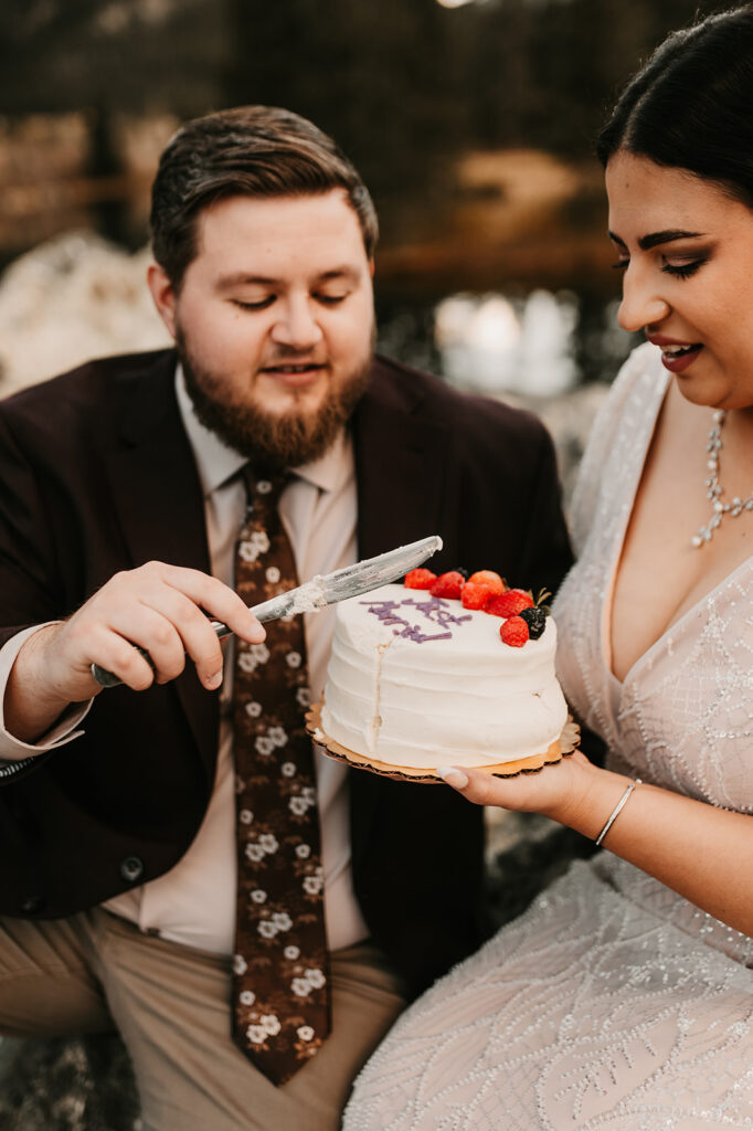 couple cutting their adventurous elopement cake