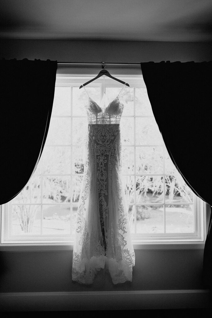 b&w photo of the brides dress