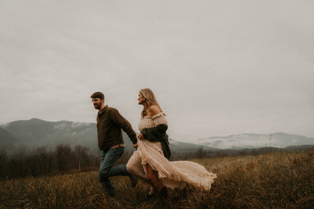 couple running during their photoshoot
