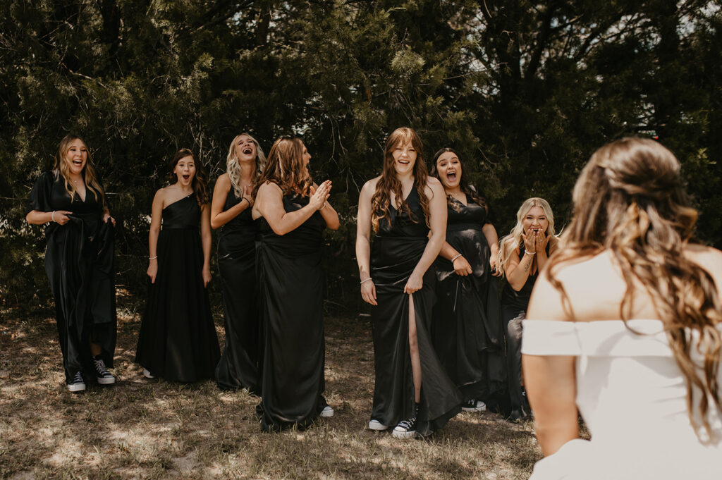 bride and bridesmaids 
 first look 