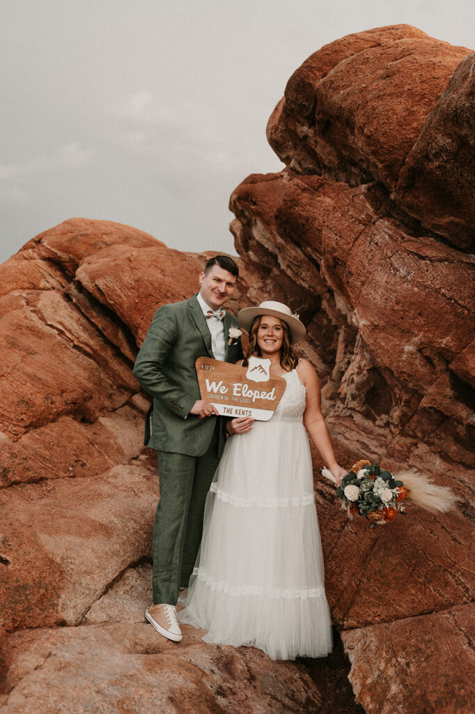 cute portrait of the newly eloped couple at gardens of the gods