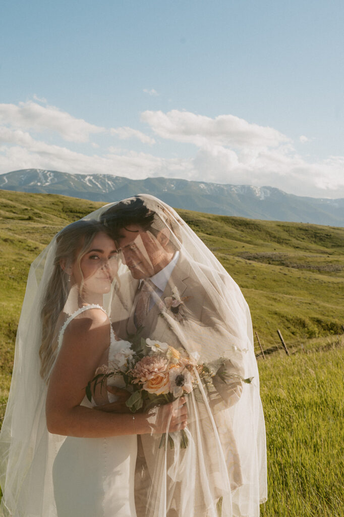 cute portrait of the newlyweds during golden hour 