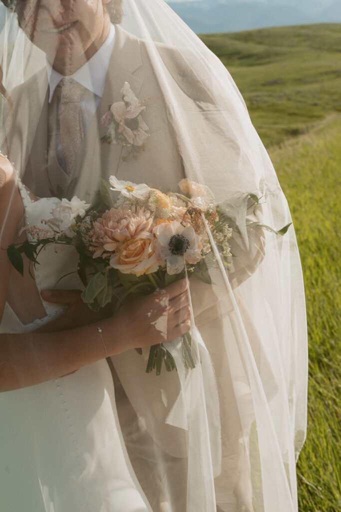 closeup of the colorful wedding bouquet 