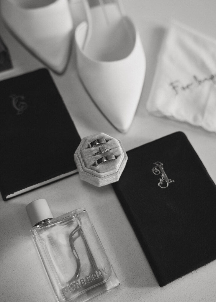 stunning picture of the brides perfume and wedding shoes