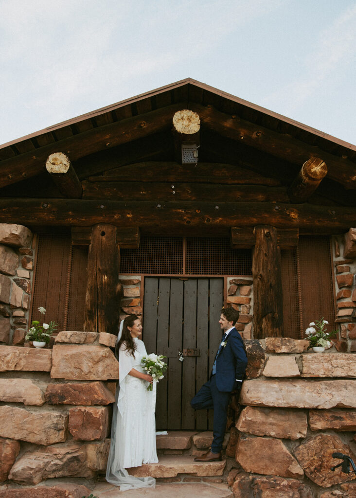 cute picture of the newlyweds smiling at each other