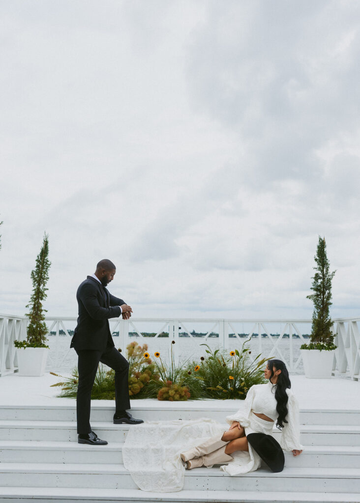 Bride and groom, smiling at each other