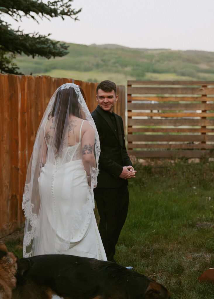 Bride and groom at their first look