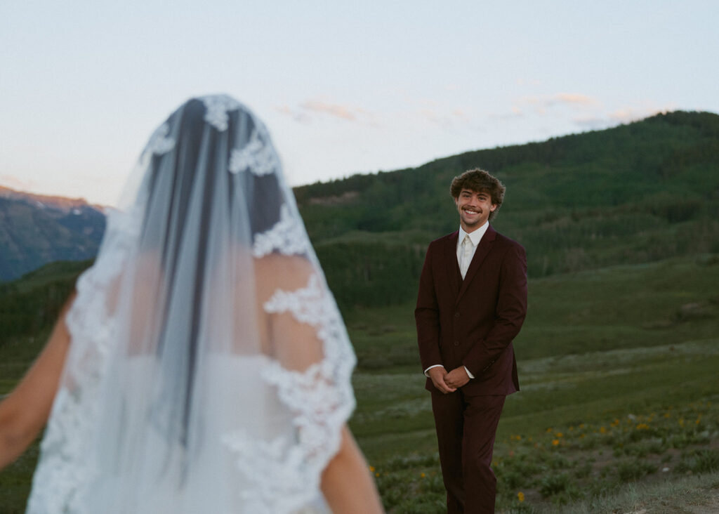 Groom emotional, seeing the bride in her wedding dress