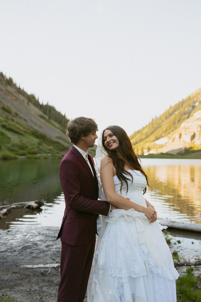 picture of the newlyweds laughing with each other